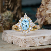 1.5CT Oval Cut Aquamarinee Classic Side Stone Engagement Ring Unique Halo Bridal Ring
